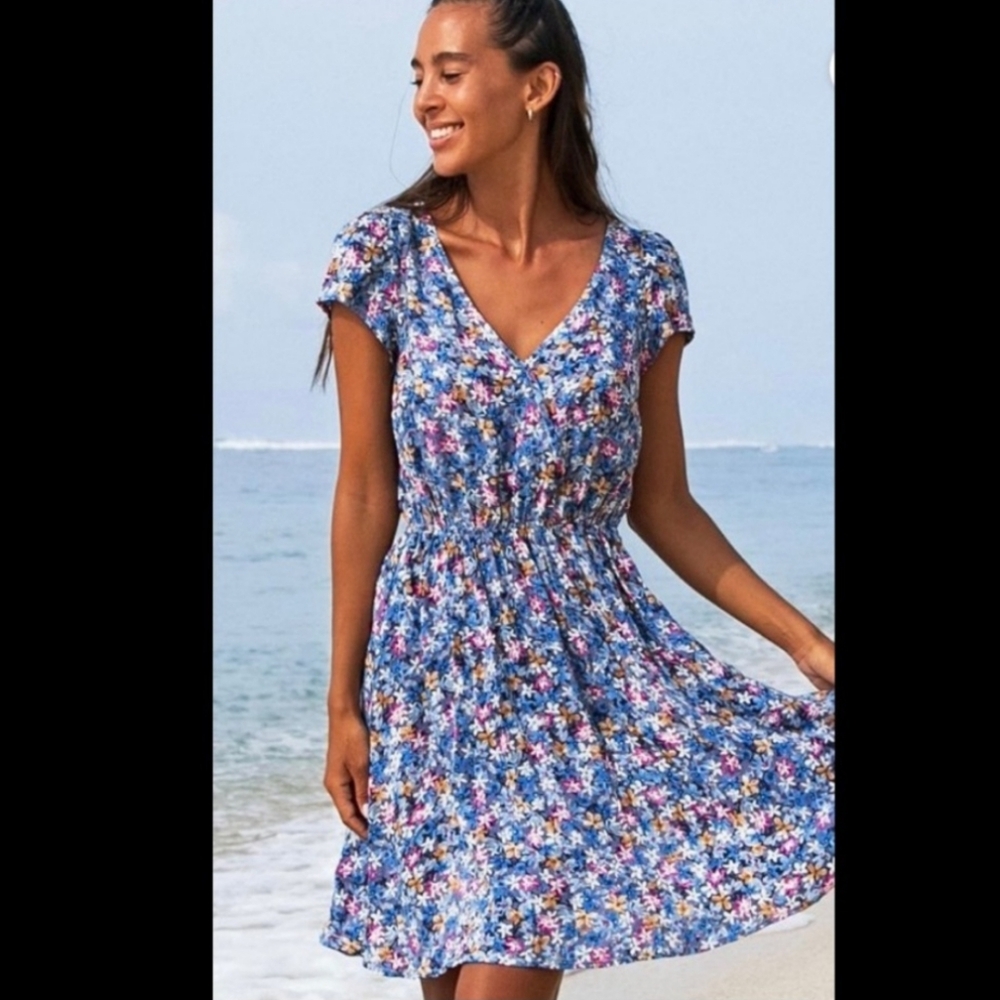 Cute Blue Ditsy Floral Open Back V Neck Mini Dress Swimsuit Cover-Up Beach M